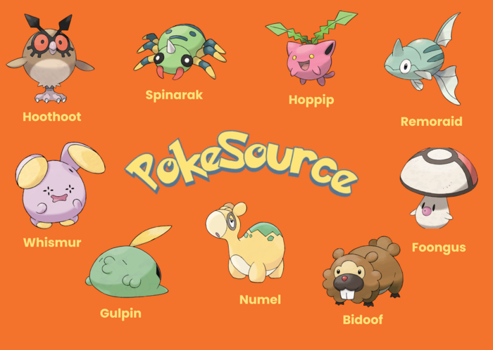 Desenho dos pokémons que o Ditto pode se disfarçar: Hoothoot, Spinarak, Hoppip, Remoraid, Whismur, Gulpin, Numel, Bidoof e Foongus